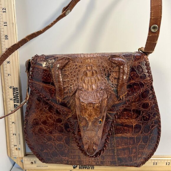 None Handbags - Women's Vintage Alligator Leather Purse 3D Head Western Shoulder Bag Brown